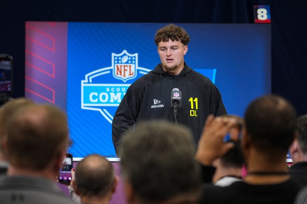 Michigan defensive lineman Mason Graham speaks during a news conference at the NFL combine Feb. 26, 2025, in Indianapolis. (AP Photo/Michael Conroy)