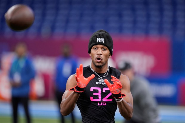 Florida State defensive back Azareye'h Thomas runs a drill at the NFL combine Feb. 28, 2025. (AP Photo/George Walker IV)