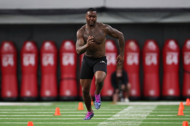 Georgia's Mykel Williams runs a drill during the school's NFL pro day on March, 12, 2025, in Athens, Ga. (AP Photo/Colin Hubbard)