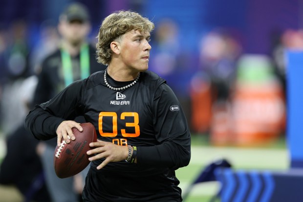 Mississippi's Jaxson Dart participates in a drill during the NFL combine March 1, 2025, at Lucas Oil Stadium. (Stacy Revere/Getty Images)