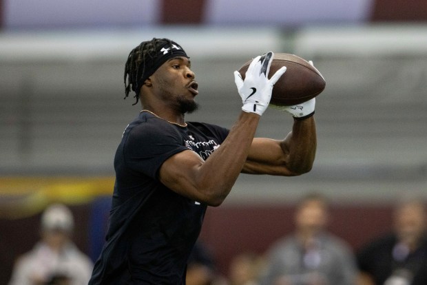 South Carolina defensive back Nick Emmanwori catches a pass during the school's NFL pro day March 18, 2025, in Columbia, S.C. (AP Photo/Scott Kinser)