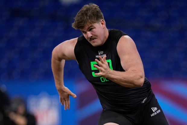 North Dakota State offensive lineman Grey Zabel runs a drill at the NFL combine in Indianapolis on March 2, 2025. (AP Photo/George Walker IV)