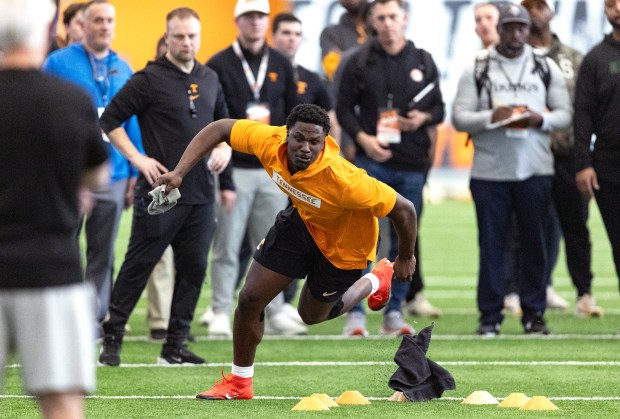 Tennessee's James Pearce Jr. runs a drill during the school's NFL pro day on March 11, 2025, in Knoxville, Tenn. (AP Photo/Wade Payne)
