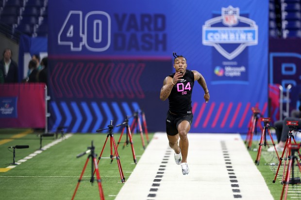Texas' Jahdae Barron participates in a drill during the NFL combine Feb. 28, 2025, at Lucas Oil Stadium. (Stacy Revere/Getty Images)