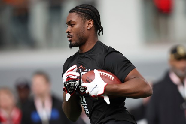 Georgia's Malaki Starks runs a drill during the school's NFL pro day March, 12, 2025, in Athens, Ga. (AP Photo/Colin Hubbard)