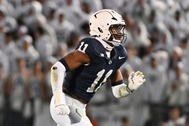 Penn State defensive end Abdul Carter rushes the passer against Washington on Nov. 9, 2024, in State College, Pa. (AP Photo/Barry Reeger)