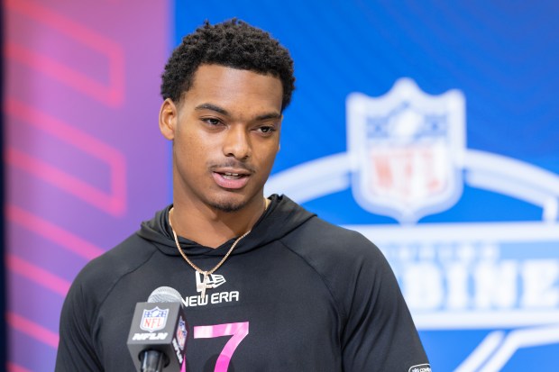 Michigan's Will Johnson speaks to the media during the NFL combine on Feb. 27, 2025 in Indianapolis. (Michael Hickey/Getty Images)