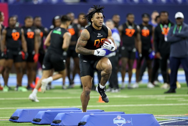 North Carolina's Omarion Hampton at the NFL combine March 1, 2025. (Stacy Revere/Getty Images)