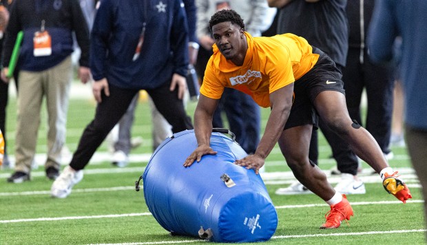 Tennessee's James Pearce Jr. runs a drill during the school's pro day on March 11, 2025, in Knoxville, Tenn. (AP Photo/Wade Payne) 