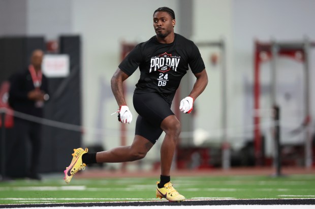 Georgia's Malaki Starks runs a drill during the school's pro day on March, 12, 2025, in Athens, Ga. (AP Photo/Colin Hubbard)