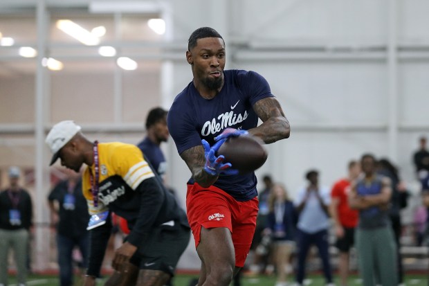 Mississippi's Trey Amos participates in a drill during the school's pro day on March 28, 2025, in Oxford, Miss. (Justin Ford/Getty Images)