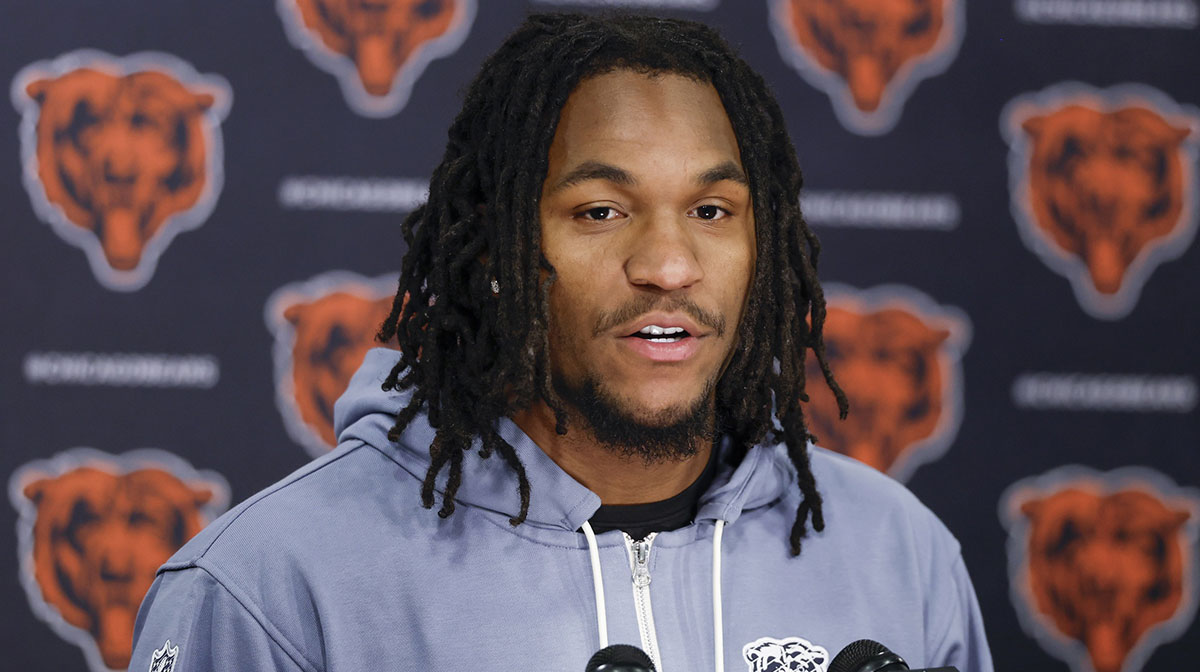 May 9, 2025; Lake Forest, IL, USA; Chicago Bears wide receiver Luther Burden III speaks during the Rookie Minicamp at Halas Hall. Mandatory Credit: Kamil Krzaczynski-Imagn Images