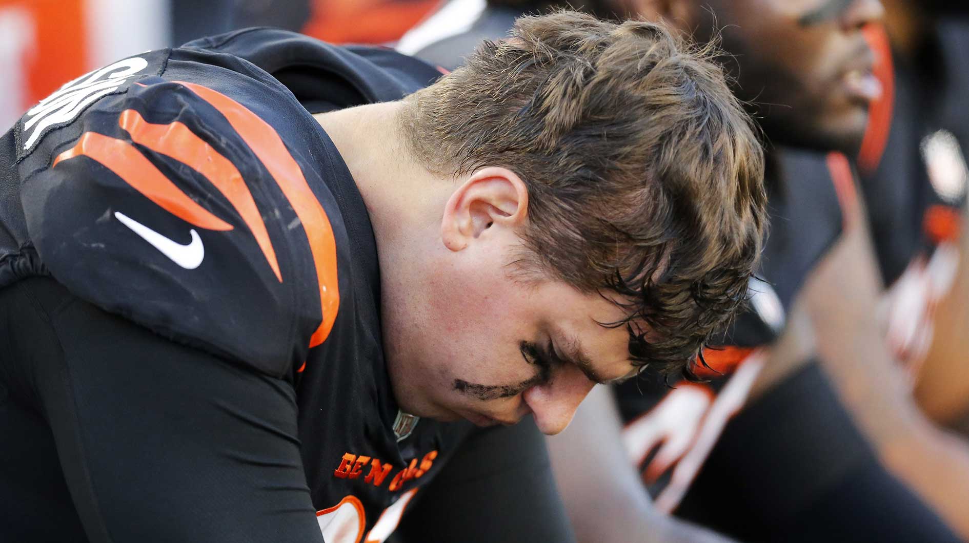 Cincinnati Bengals defensive end Trey Hendrickson (91) hangs his head on the sideline in the fourth quarter of the NFL Week 9 game between the Cincinnati Bengals and the Cleveland Browns at Paul Brown Stadium in Cincinnati on Sunday, Nov. 7, 2021. Cleveland kept a halftime lead to clinch a 41-16 win over the Bengals.