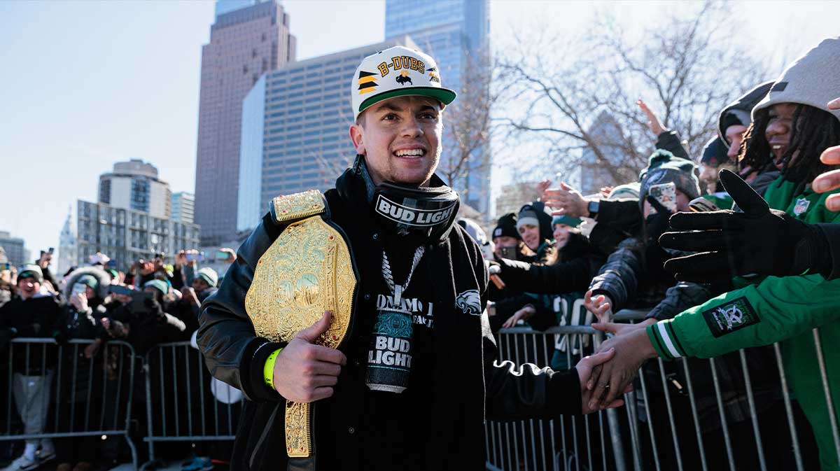 Philadelphia Eagles cornerback Cooper DeJean (33) celebrates during the Super Bowl LIX championship parade and rally.