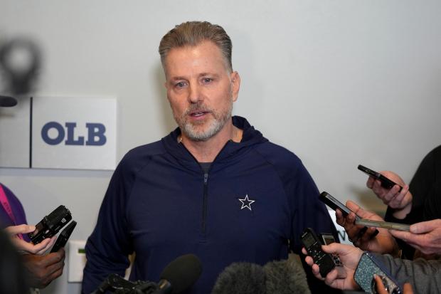 Cowboys defensive coordinator Matt Eberflus responds to questions during a news conference at the team's headquarters in Frisco, Texas, on Feb. 18, 2025. (AP Photo/Tony Gutierrez)