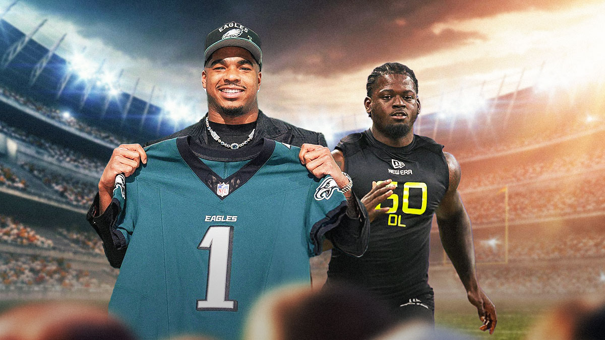 Jihaad Campbell next to Antwaun Powell-Ryland in front of the Eagles stadium.