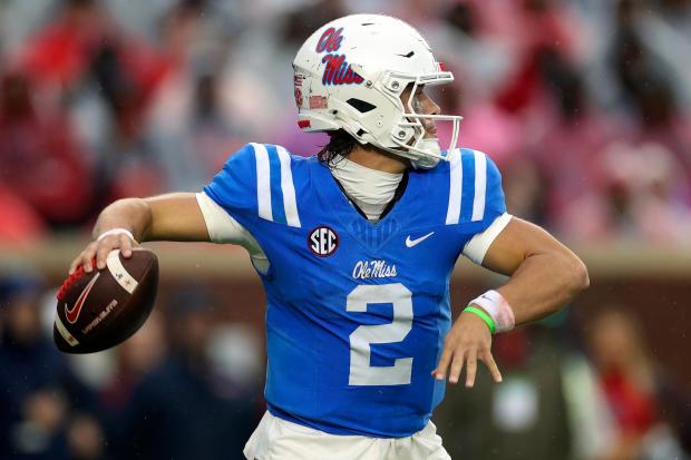 Mississippi quarterback Jaxson Dart throws a pass against Georgia on Nov. 9, 2024, in Oxford, Miss. (AP Photo/Randy J. Williams)