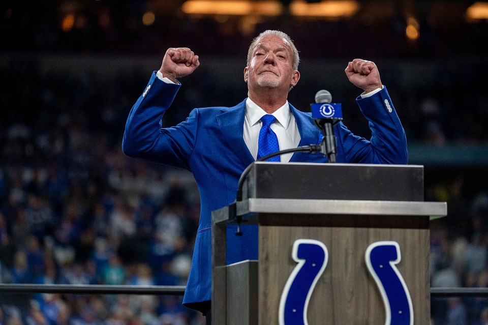 INDIANAPOLIS, IN - NOVEMBER 10: Indianapolis Colts owner Jim Irsay reacts to applause during Dwight Freeney"u2019s induction in the team"u2019s Ring of Honor during halftime of the game against the Miami Dolphins at Lucas Oil Stadium on November 10, 2019 in Indianapolis, Indiana. (Photo by Bobby Ellis/Getty Images)