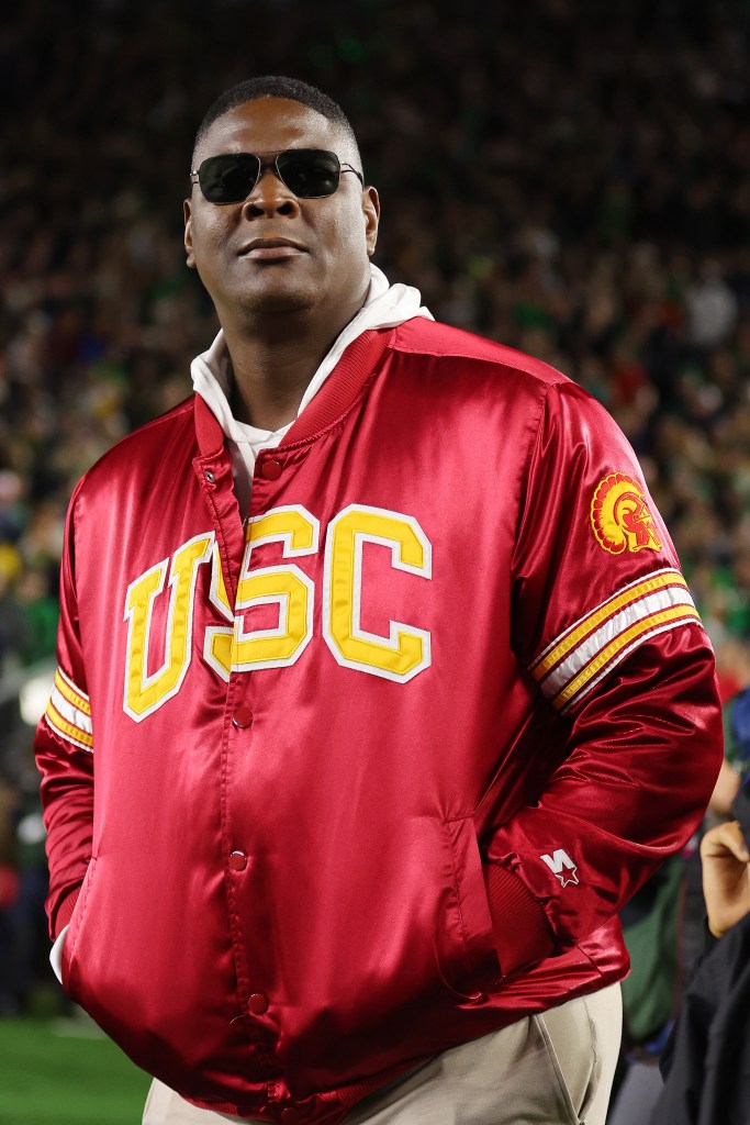  Former USC Trojan and NFL wide reciever Keyshawn Johnson looks on during the first half between the Notre Dame Fighting Irish and the USC Trojans at Notre Dame Stadium on October 14, 2023 in South Bend, Indiana.