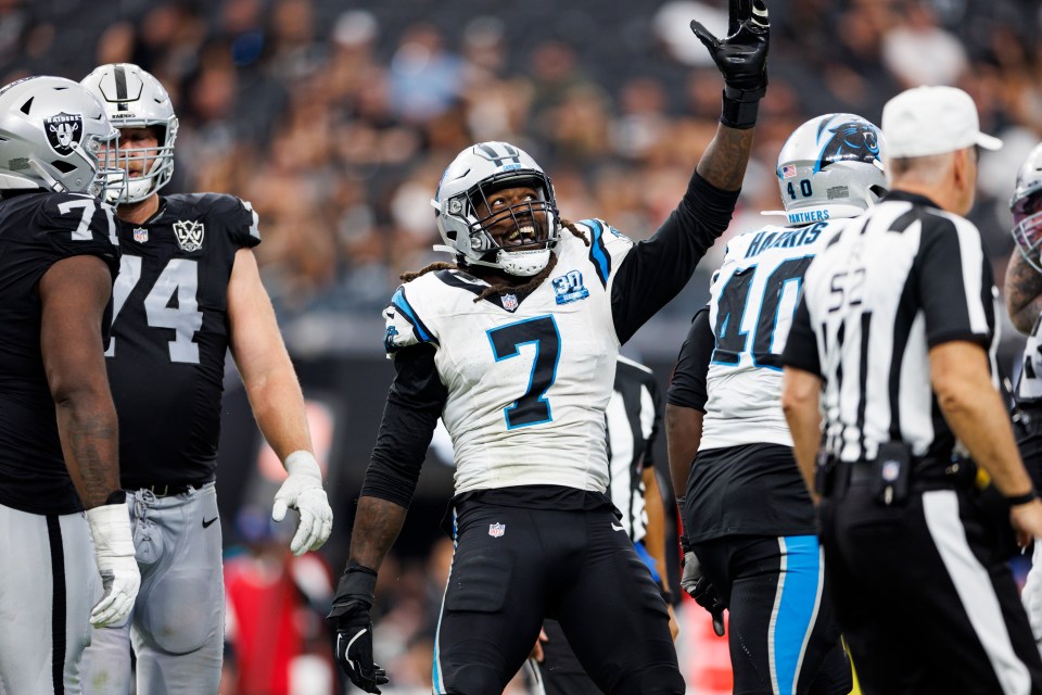 LAS VEGAS, NEVADA - SEPTEMBER 22: Linebacker Jadeveon Clowney #7 of the Carolina Panthers celebrates after making a play during the fourth quarter of an NFL football game against the Las Vegas Raiders, at Allegiant Stadium on September 22, 2024 in Las Vegas, Nevada. (Photo by Brooke Sutton/Getty Images)