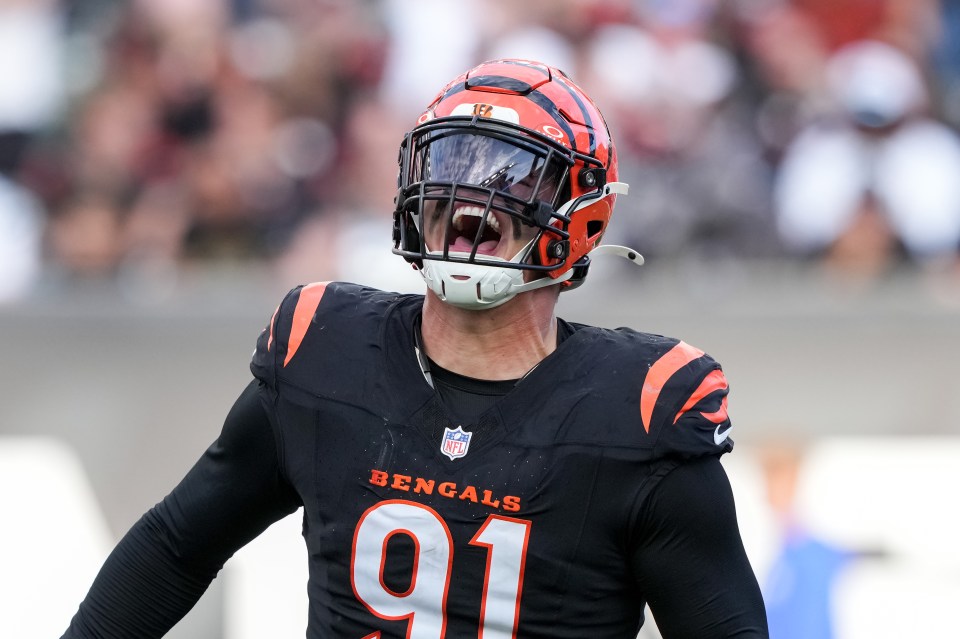 CINCINNATI, OHIO - NOVEMBER 03: Trey Hendrickson #91 of the Cincinnati Bengals celebrates after making a sack in the fourth quarter against the Las Vegas Raiders at Paycor Stadium on November 03, 2024 in Cincinnati, Ohio. (Photo by Dylan Buell/Getty Images)