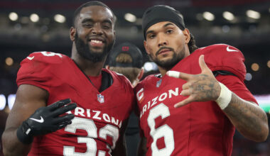Trey Benson #33 and James Conner #6 of the Arizona Cardinals poses together during the NFL game aga...
