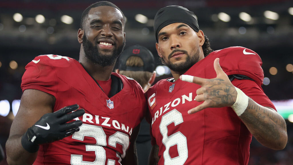 Trey Benson #33 and James Conner #6 of the Arizona Cardinals poses together during the NFL game aga...