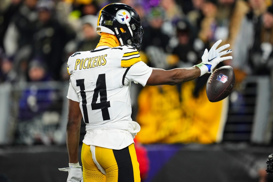 BALTIMORE, MD - JANUARY 11: George Pickens #14 of the Pittsburgh Steelers celebrates during an NFL football wild card playoff game against the Baltimore Ravens at M&T Bank Stadium on January 11, 2025 in Baltimore, Maryland. (Photo by Cooper Neill/Getty Images)