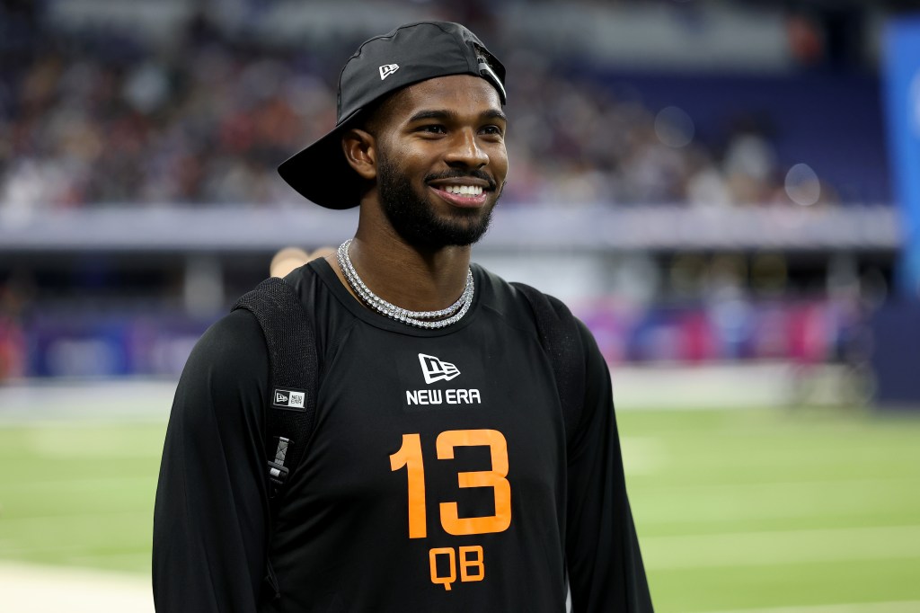 Shedeur Sanders looks on during the NFL Scouting Combine at Lucas Oil Stadium on March 01, 2025 in Indianapolis, Indiana. 
