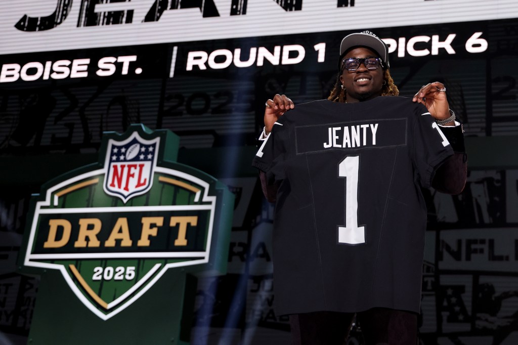 Ashton Jeanty poses after being selected sixth overall pick by the Las Vegas Raiders during the first round of the 2025 NFL Draft. 