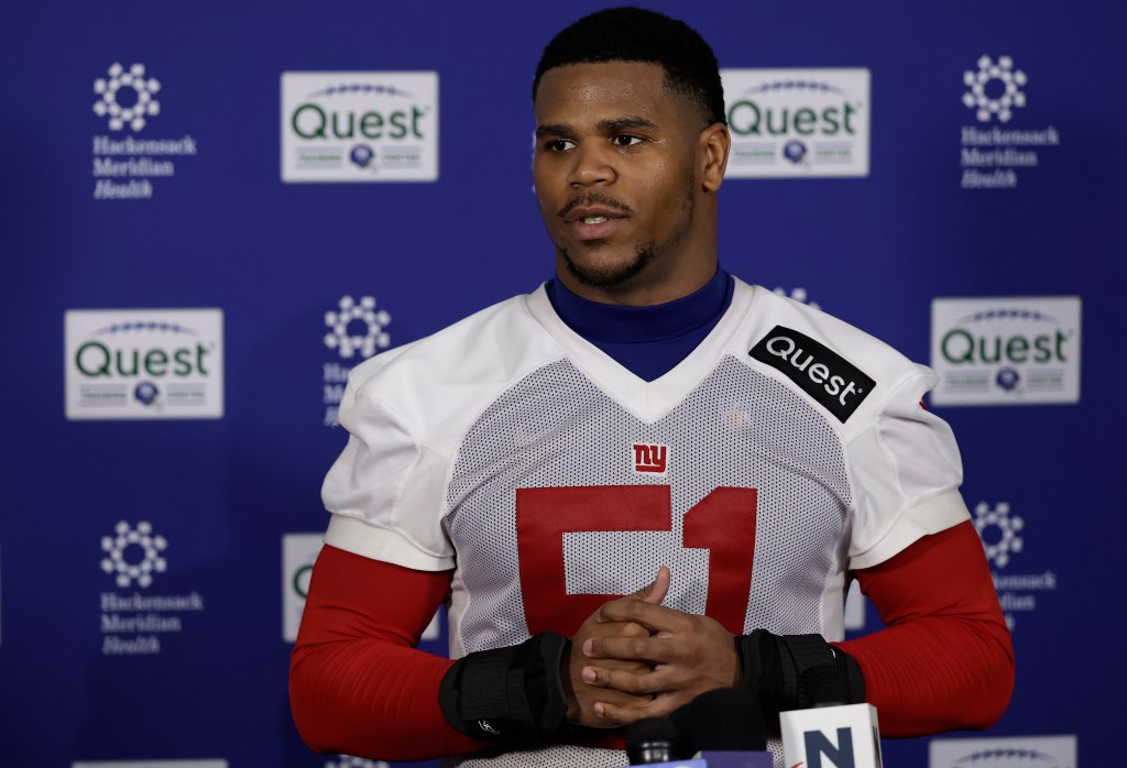 Abdul Carter speaks with the media after rookie minicamp at NY Giants Quest Diagnostics Training Center on May 09, 2025 in East Rutherford, New Jersey. 