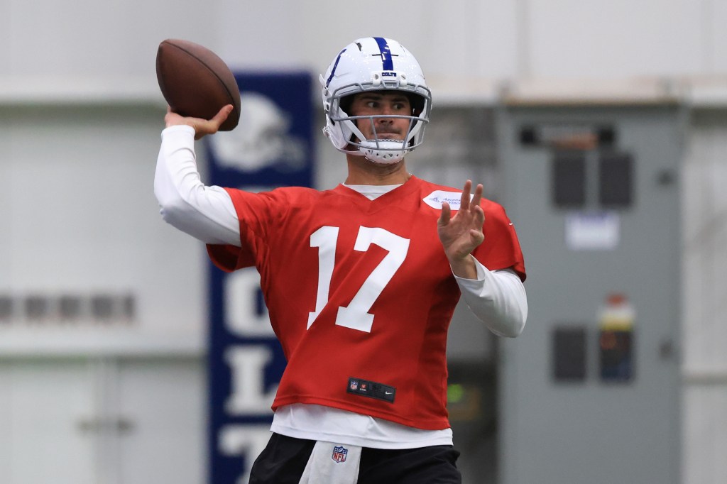 Daniel Jones of the Indianapolis Colts throws a pass during the Indianapolis Colts OTAs at Indiana Farm Bureau Football Center on May 28, 2025 in Indianapolis, Indiana.