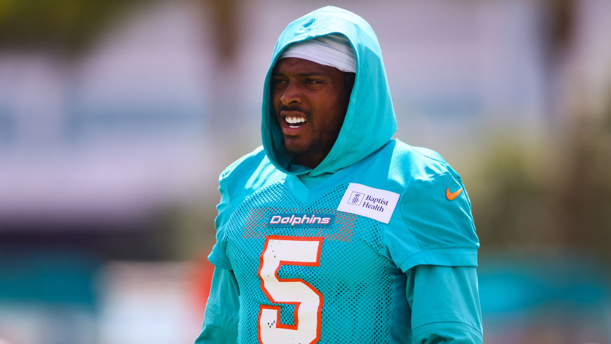 Miami Dolphins cornerback Jalen Ramsey (5) looks on during training camp at Baptist Health Training Complex.