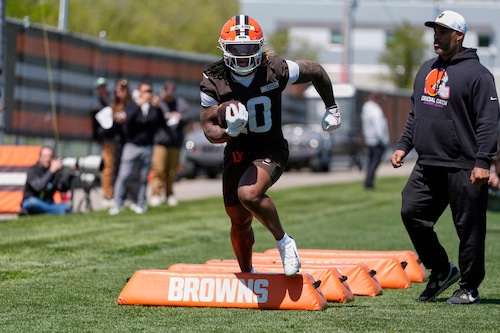 Cleveland Browns running back Quinshon Judkins practices at rookie minicamp on May 9, 2025, in Berea, Ohio.