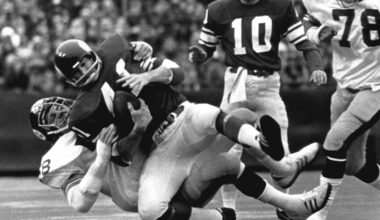 Jack Lambert (58) of the Pittsburgh Steelers makes a tackle against the Minnesota Vikings in Super Bowl IX (Rubio/NFL/Steelers archive images)
