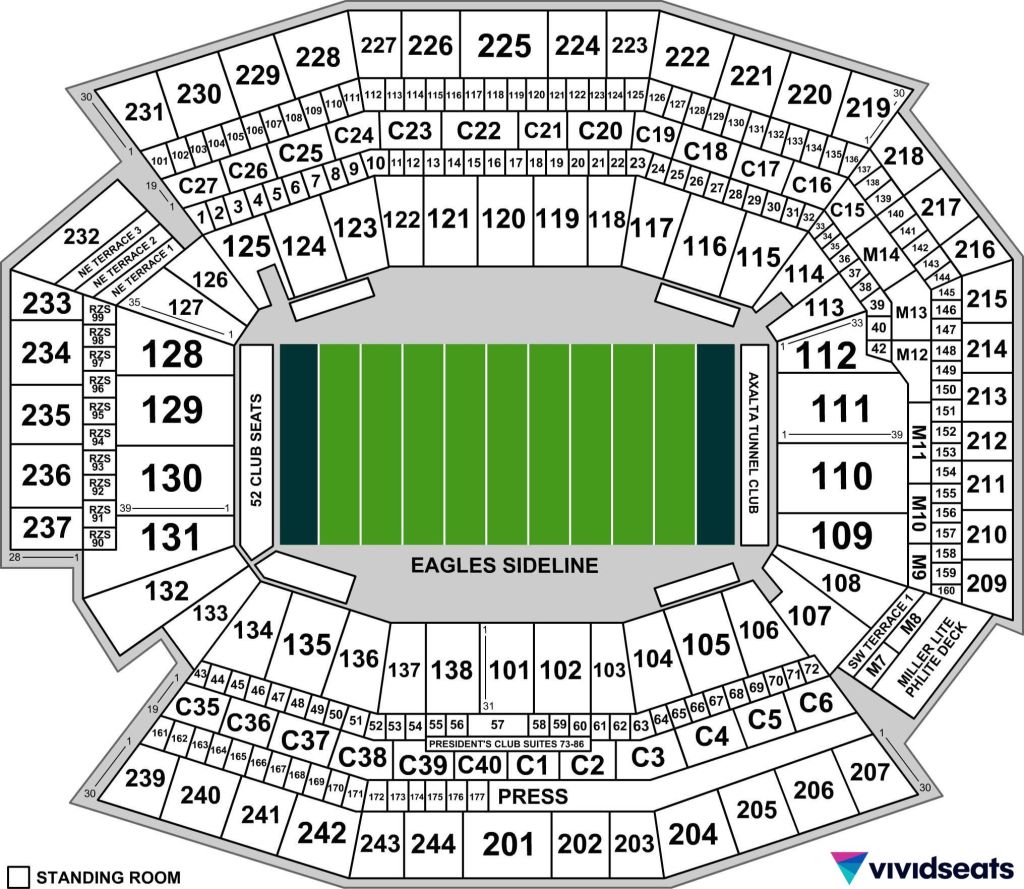 A map of the Philadelphia Eagles' Lincoln Financial Field can be seen here.