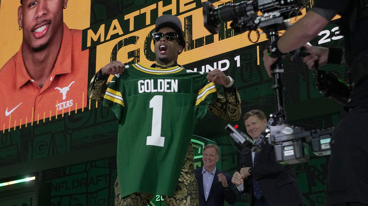 Wide Receiver Matthew Golden of Texas poses after being selected twenty-third overall pick by the Green Bay Packers during the first round of the 2025 NFL Draft at Lambeau Field on April 24, 2025 in Green Bay.