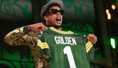 Texas wide receiver Matthew Golden celebrates after being chosen by the Green Bay Packers with the 23rd overall pick during the first round of the NFL football draft, Thursday, April 24, 2025, in Green Bay, Wis.