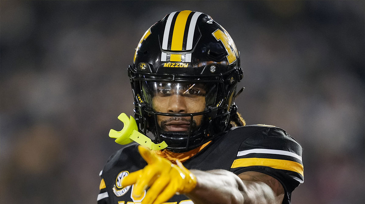 Missouri Tigers wide receiver Theo Wease Jr. (1) celebrates after scoring a touchdown during the second half against the Oklahoma Sooners at Faurot Field at Memorial Stadium.
