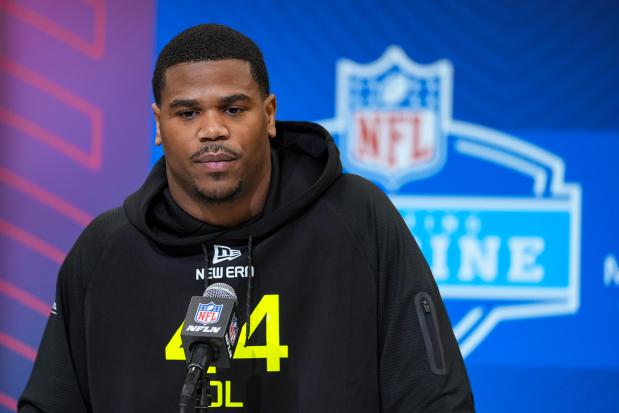 Penn State defensive lineman Abdul Carter speaks during a news conference at the NFL combine on Feb. 26, 2025, in Indianapolis. (AP Photo/Michael Conroy)