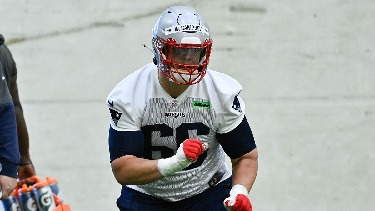 New England Patriots offensive tackle Will Campbell (66) practices during rookie camp at Gillette Stadium.