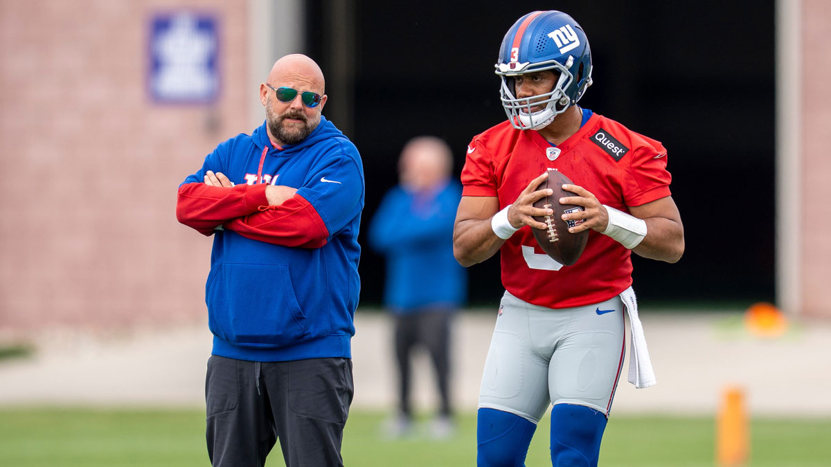 Head coach Brian Daboll and Russell Wilson, quarterback with the NY Giants, are shown during practice at Quest Diagnostics Training Center, East Rutherford, NJ, May 28, 2025.