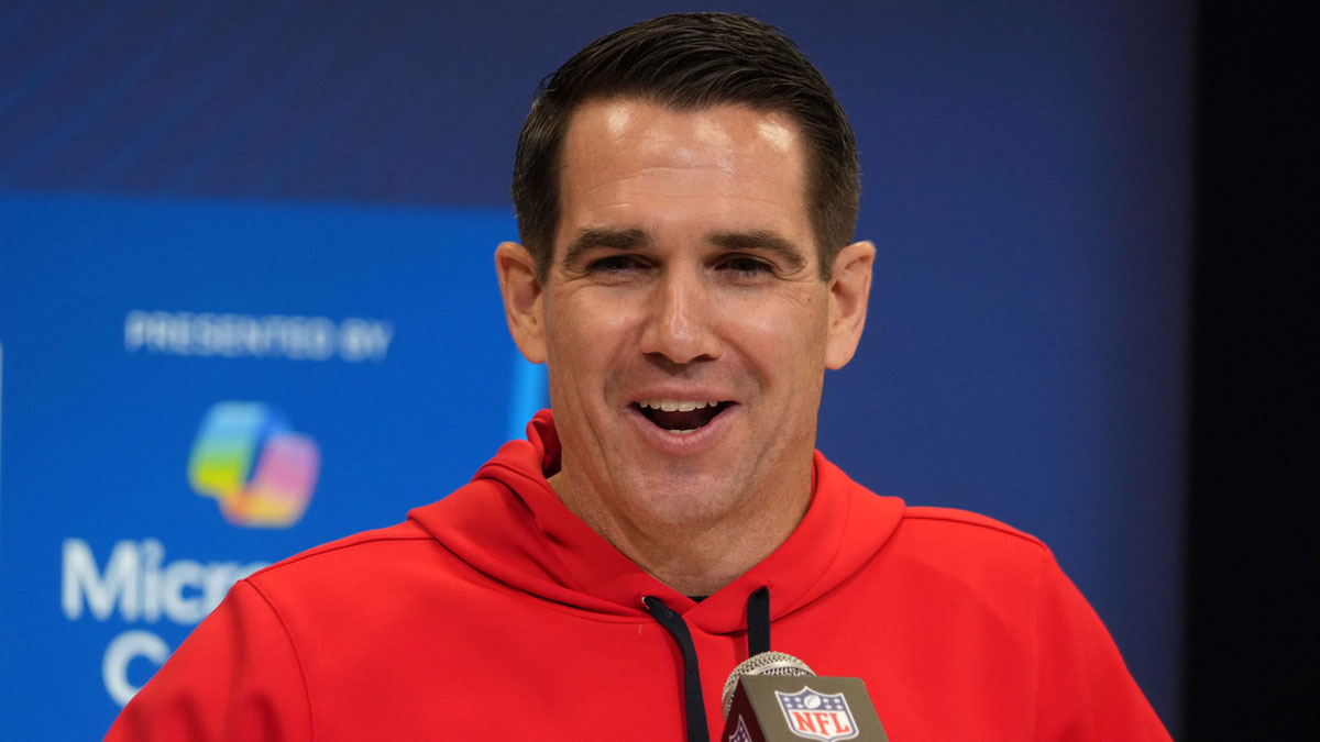 New York Giants general manager Joe Schoen speaks during the NFL Scouting Combine at the Indiana Convention Center.