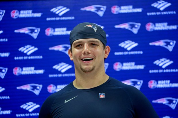 Patriots rookie Will Campbell speaks to the media as the Patriots hold rookie minicamp in Foxboro. (Staff Photo By Stuart Cahill/Boston Herald)