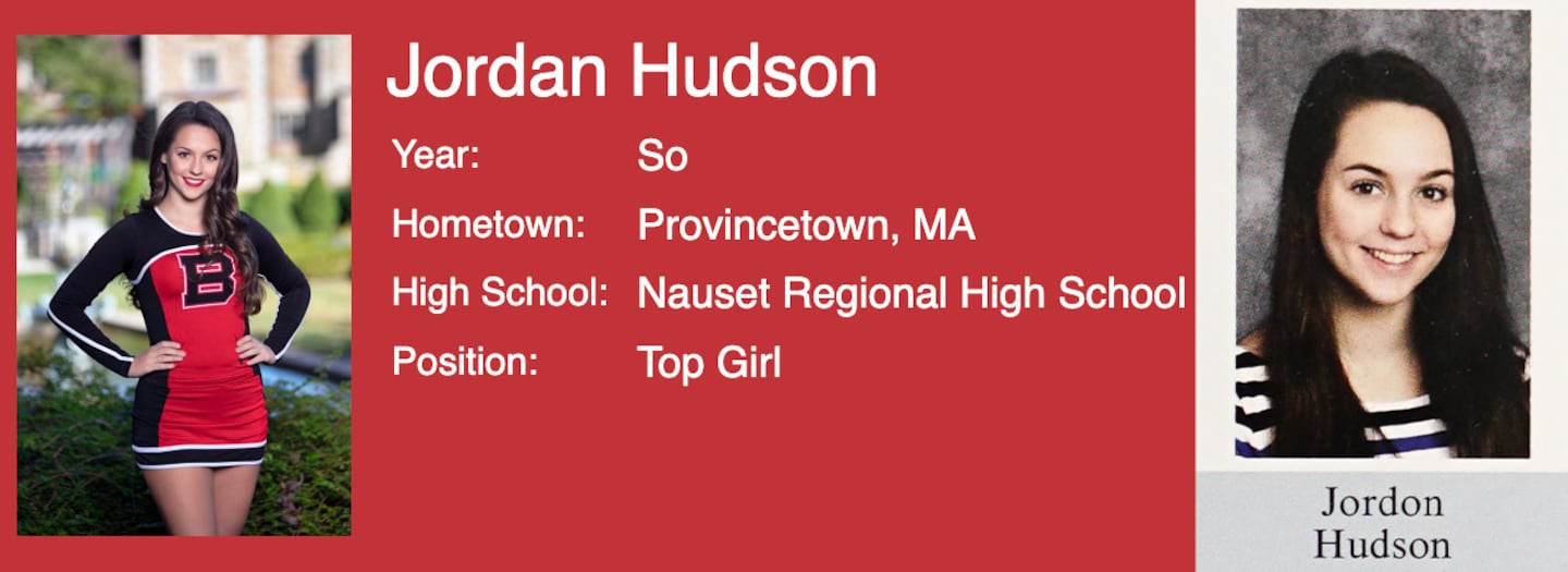 Left: Jordon Hudson from the Bridgewater State University cheerleading website 2020-2021. Right: Jordon Hudson, class of 2019, pictured in the 2018 Nauset Tides year book from Nauset Regional High School.