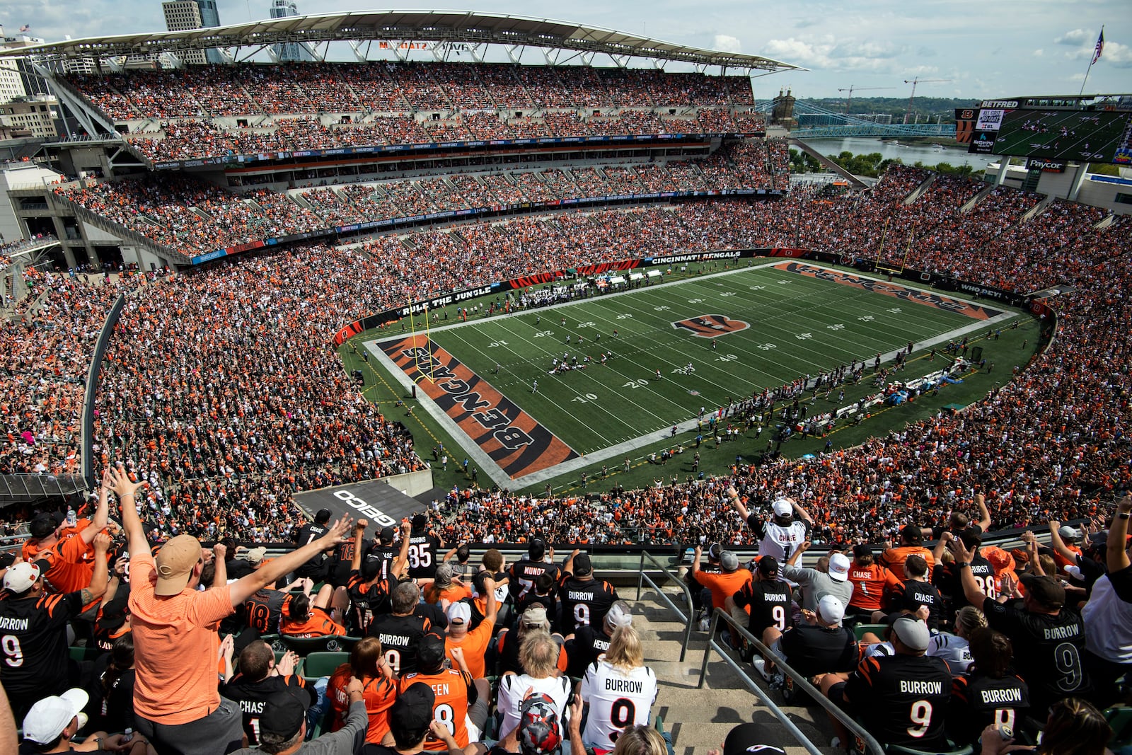 FILE - Fans cheer during an NFL football game between the Cincinnati Bengals and Baltimore Ravens at Paycor Stadium, Sunday, Sept. 17, 2023, in Cincinnati. (AP Photo/Emilee Chinn, File)