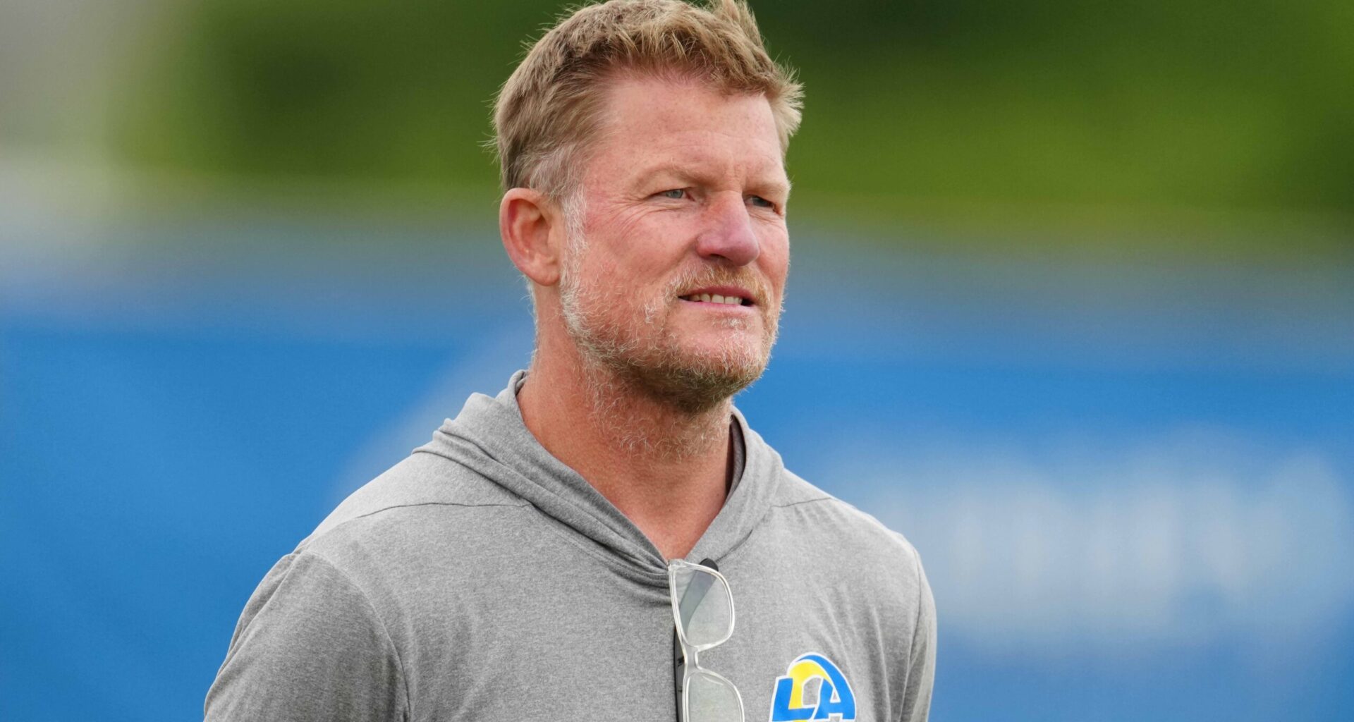 May 23, 2023, Thousand Oaks, CA, USA; Los Angeles Rams general manager Les Snead during organized team activities at Cal Lutheran.