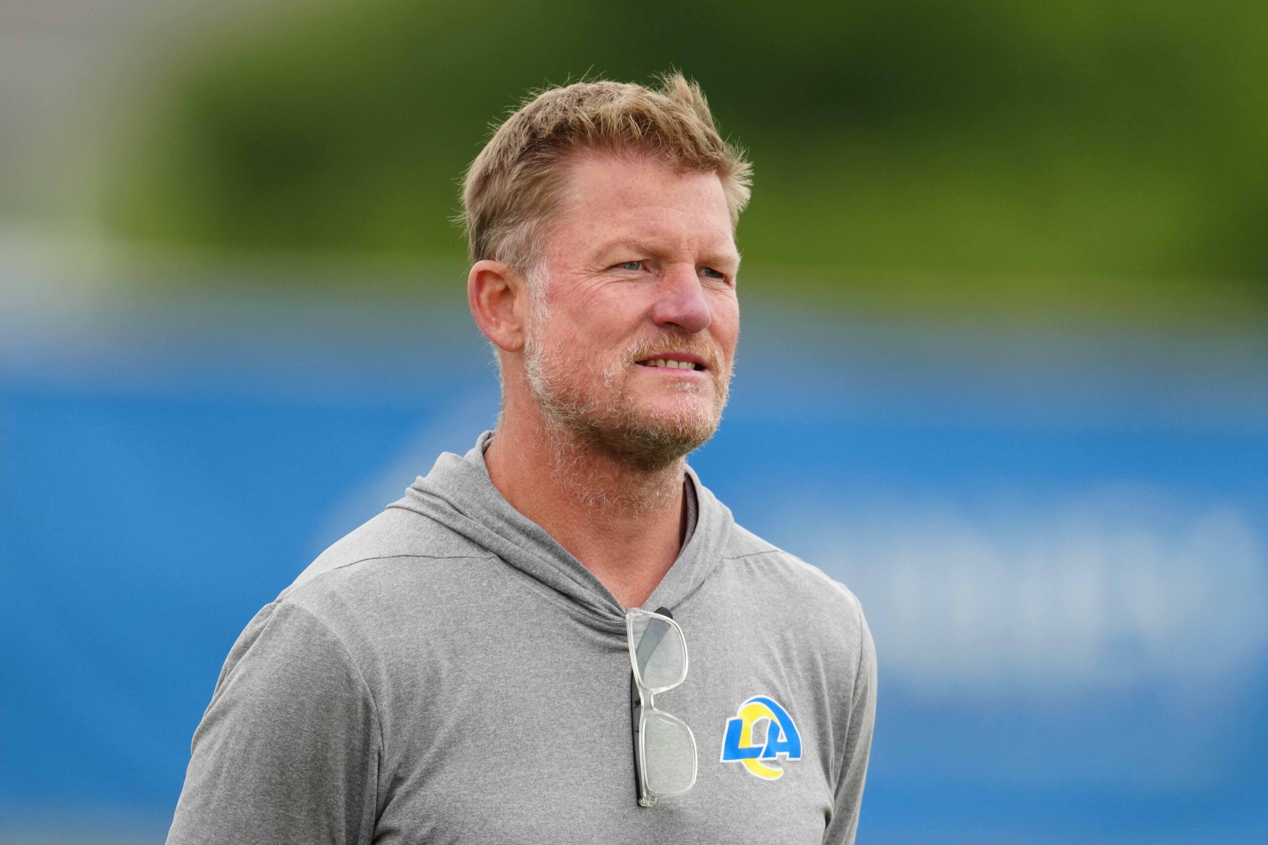 May 23, 2023, Thousand Oaks, CA, USA; Los Angeles Rams general manager Les Snead during organized team activities at Cal Lutheran.