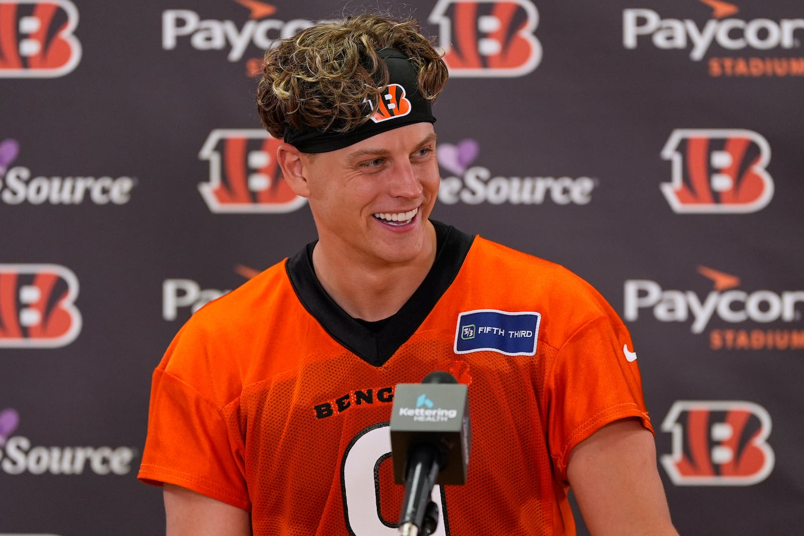 Cincinnati Bengals quarterback Joe Burrow speaks at a news conference after NFL football practice, Tuesday, May 20, 2025, in Cincinnati. (AP Photo/Carolyn Kaster)