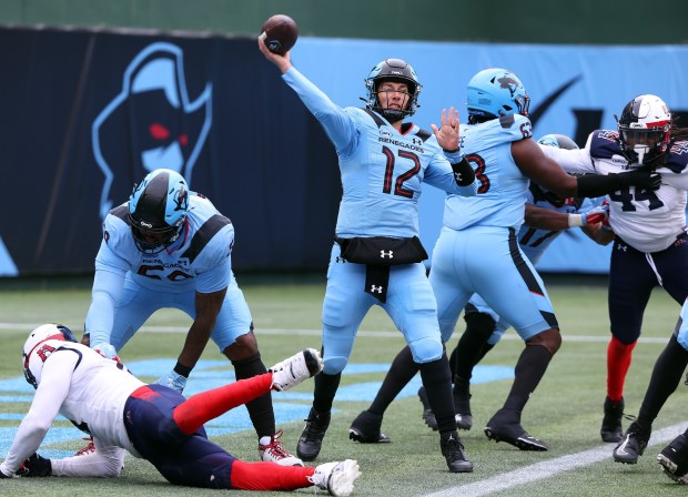 Luis Perez of the Arlington Renegades throws a pass against the Houston Roughnecks in a UFL football game at Choctaw Stadium on April 06, 2025 in Arlington, Texas. (Photo by Richard Rodriguez/UFL/Getty Images)